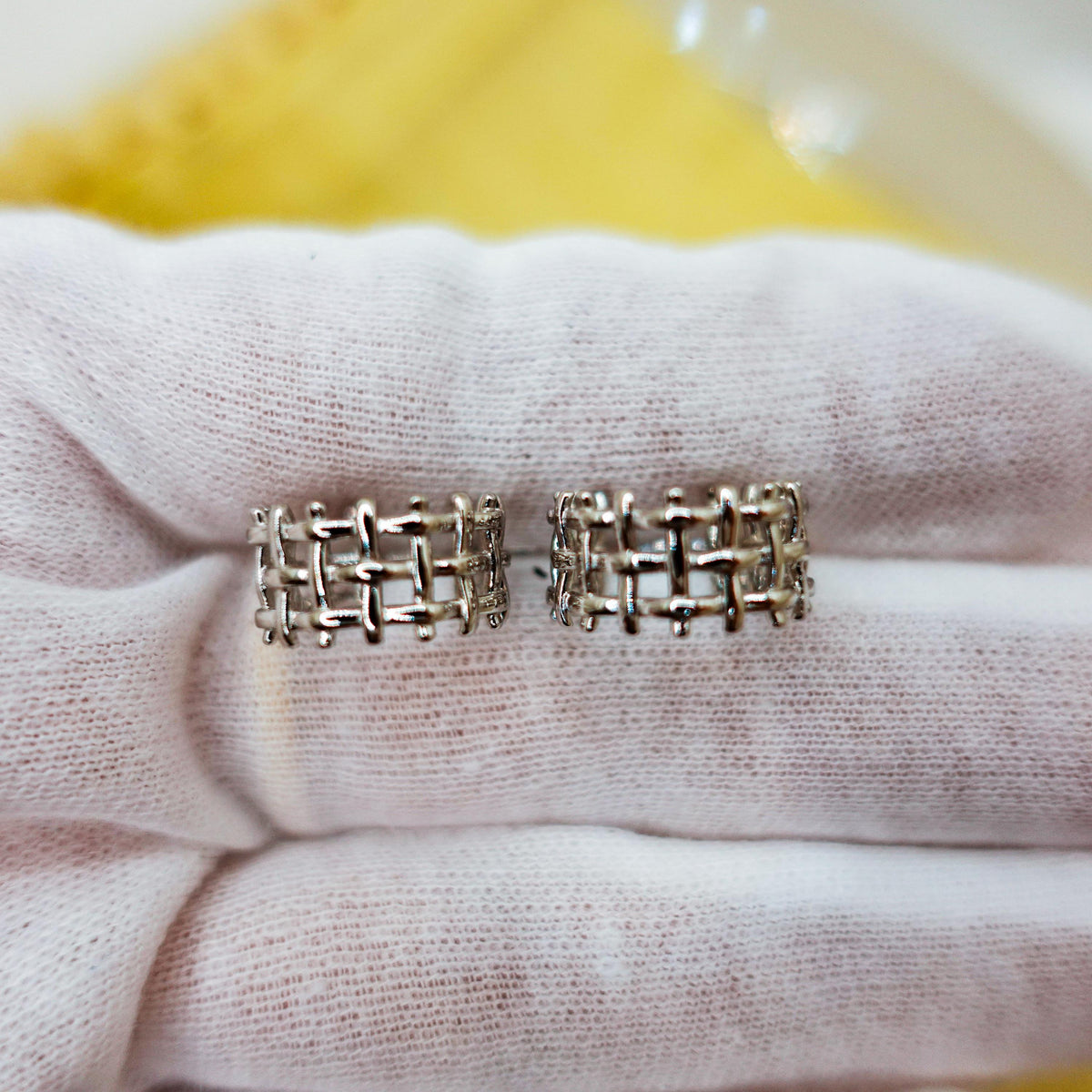 Sterling Silver Huggie Hoop Earrings: Woven Lattice Design