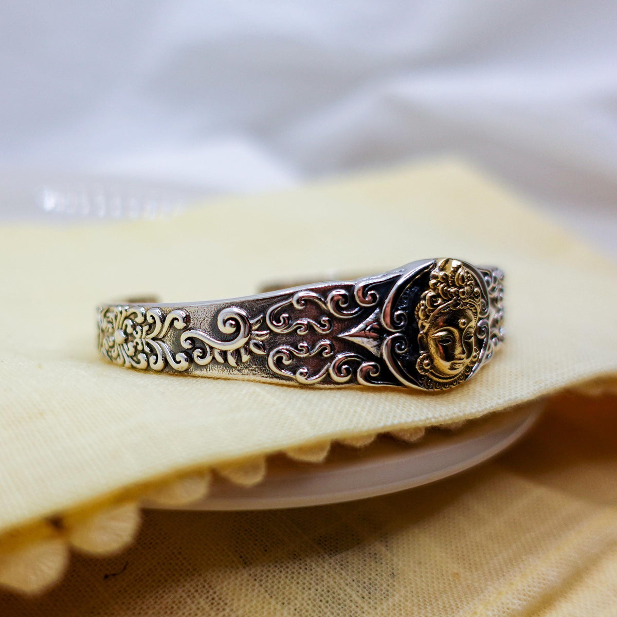 Sterling Silver Two-tone Cuff Bracelet, Tara Protection Jewelry Gift for Her