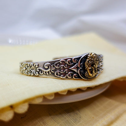 Sterling Silver Two-tone Cuff Bracelet, Tara Protection Jewelry Gift for Her