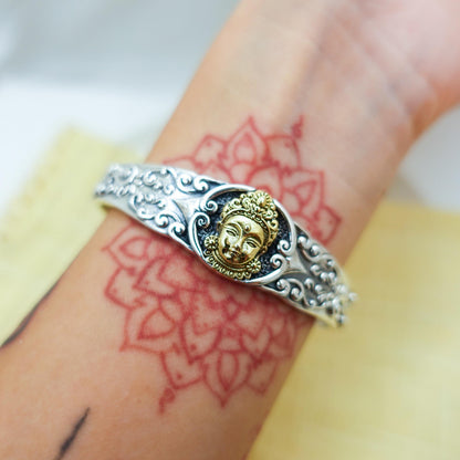 Sterling Silver Two-tone Cuff Bracelet, Tara Protection Jewelry Gift for Her