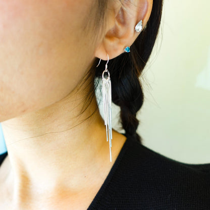 Shiny Sterling Silver Tassel Earrings, Elegant Long Statement Gift for her
