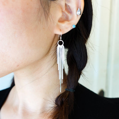 Shiny Sterling Silver Tassel Earrings, Elegant Long Statement Gift for her