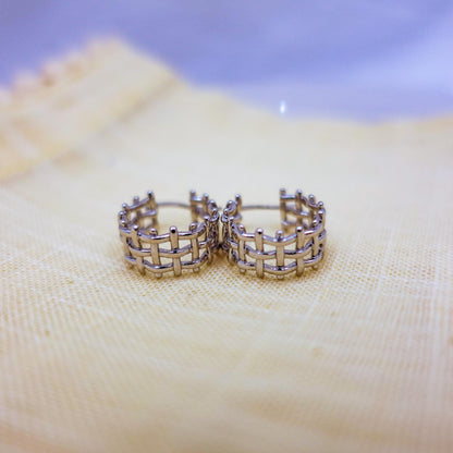 Sterling Silver Huggie Hoop Earrings: Woven Lattice Design