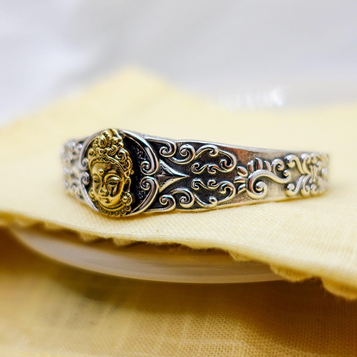 Sterling Silver Two-tone Cuff Bracelet, Tara Protection Jewelry Gift for Her