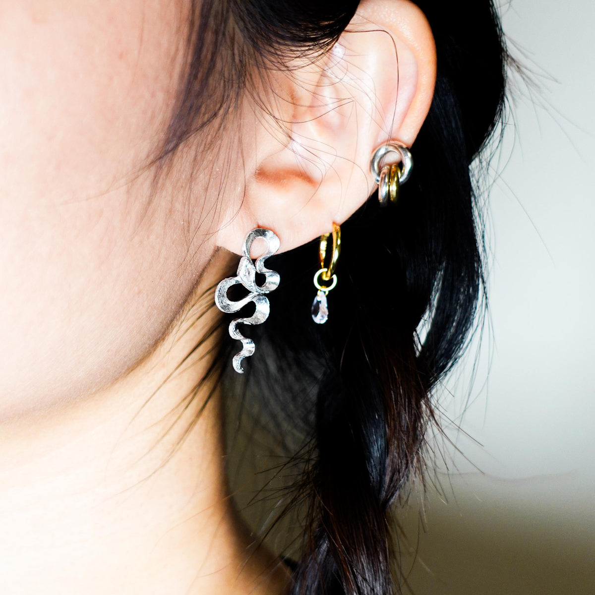 Sterling Silver Asymmetrical Snake Earrings: Boho Serpent Jewelry
