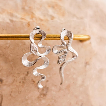 Sterling Silver Asymmetrical Snake Earrings: Boho Serpent Jewelry