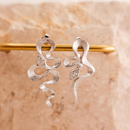 Sterling Silver Asymmetrical Snake Earrings: Boho Serpent Jewelry