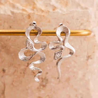 Sterling Silver Asymmetrical Snake Earrings: Boho Serpent Jewelry