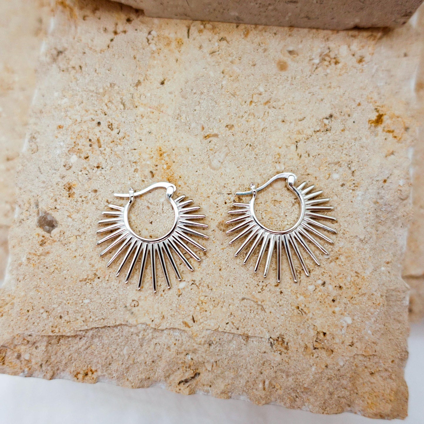 925 Sterling Silver Sunburst Hoop Earrings, Celestial Jewelry Gift for Her Mom Sister
