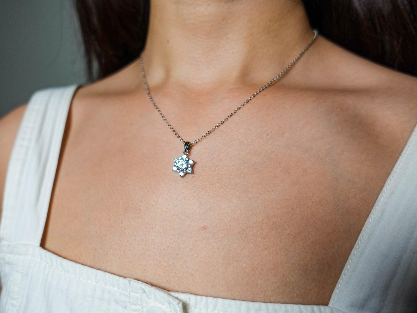Sterling Silver Moissanite Hexagram Star Necklace, Winter Snow Star of Light