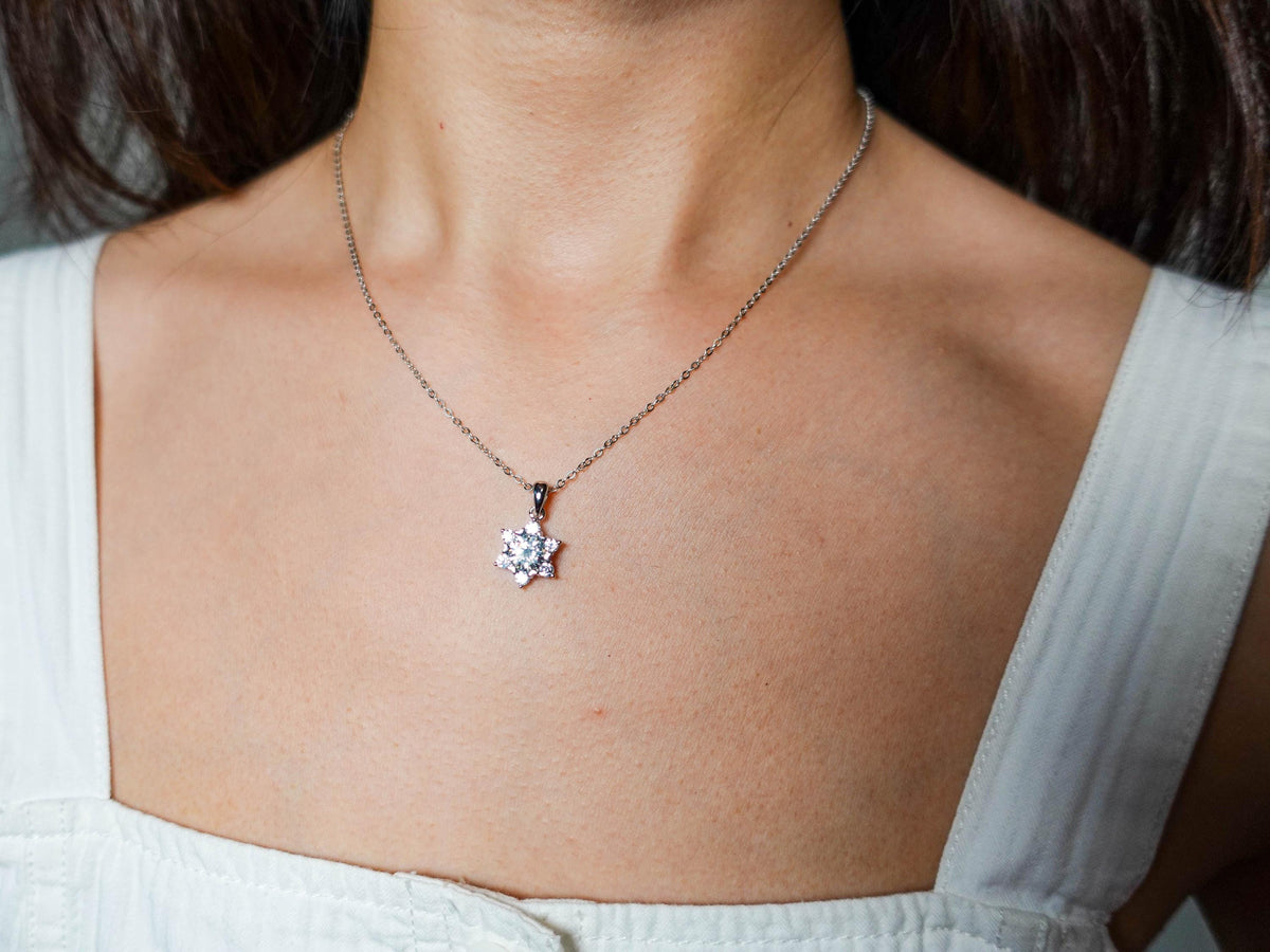 Sterling Silver Moissanite Hexagram Star Necklace, Winter Snow Star of Light