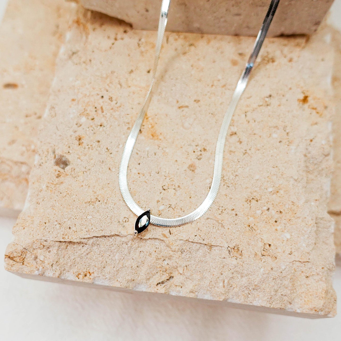 Sterling Silver Omega Chain Necklace: Marquise Black Spinel Pendant