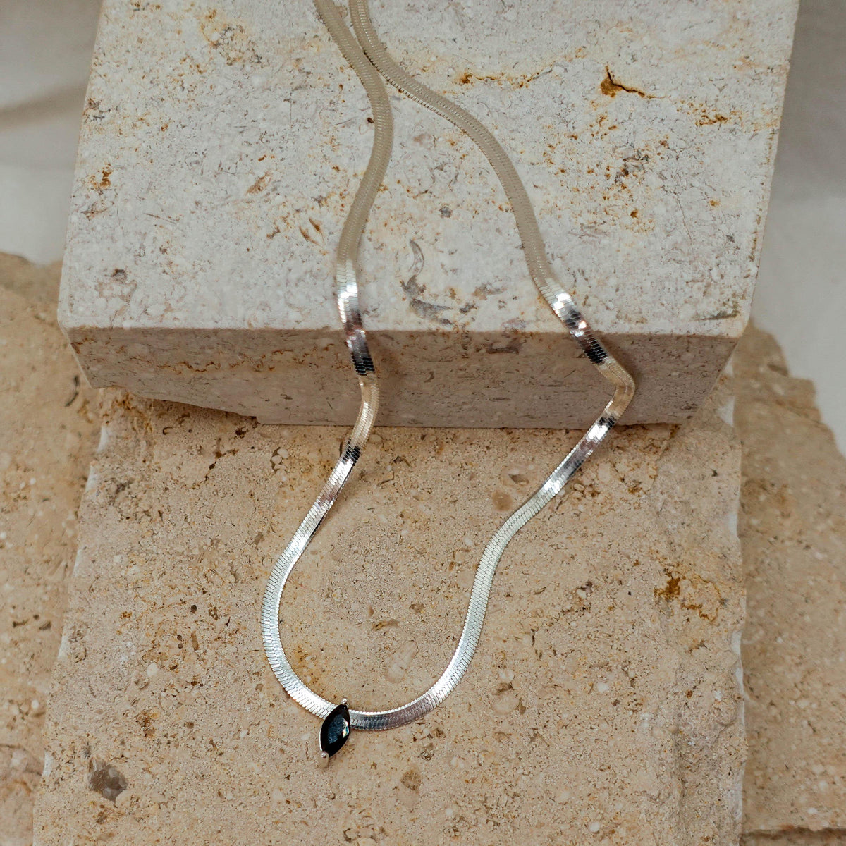 Sterling Silver Omega Chain Necklace: Marquise Black Spinel Pendant Jewelry Gift for Her