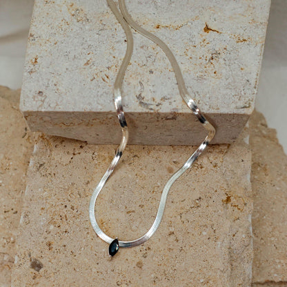 Sterling Silver Omega Chain Necklace: Marquise Black Spinel Pendant Jewelry Gift for Her