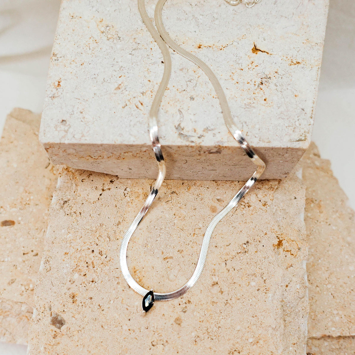 Sterling Silver Omega Chain Necklace: Marquise Black Spinel Pendant Jewelry Gift for Her