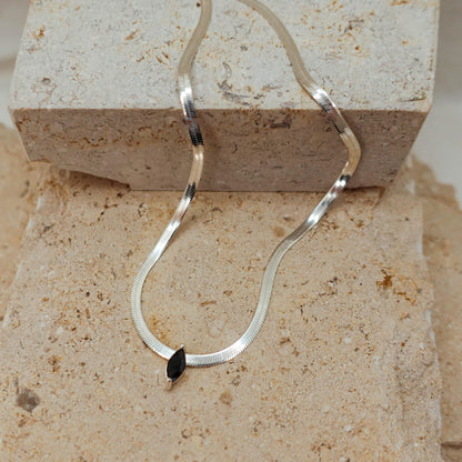 Sterling Silver Omega Chain Necklace: Marquise Black Spinel Pendant Jewelry Gift for Her