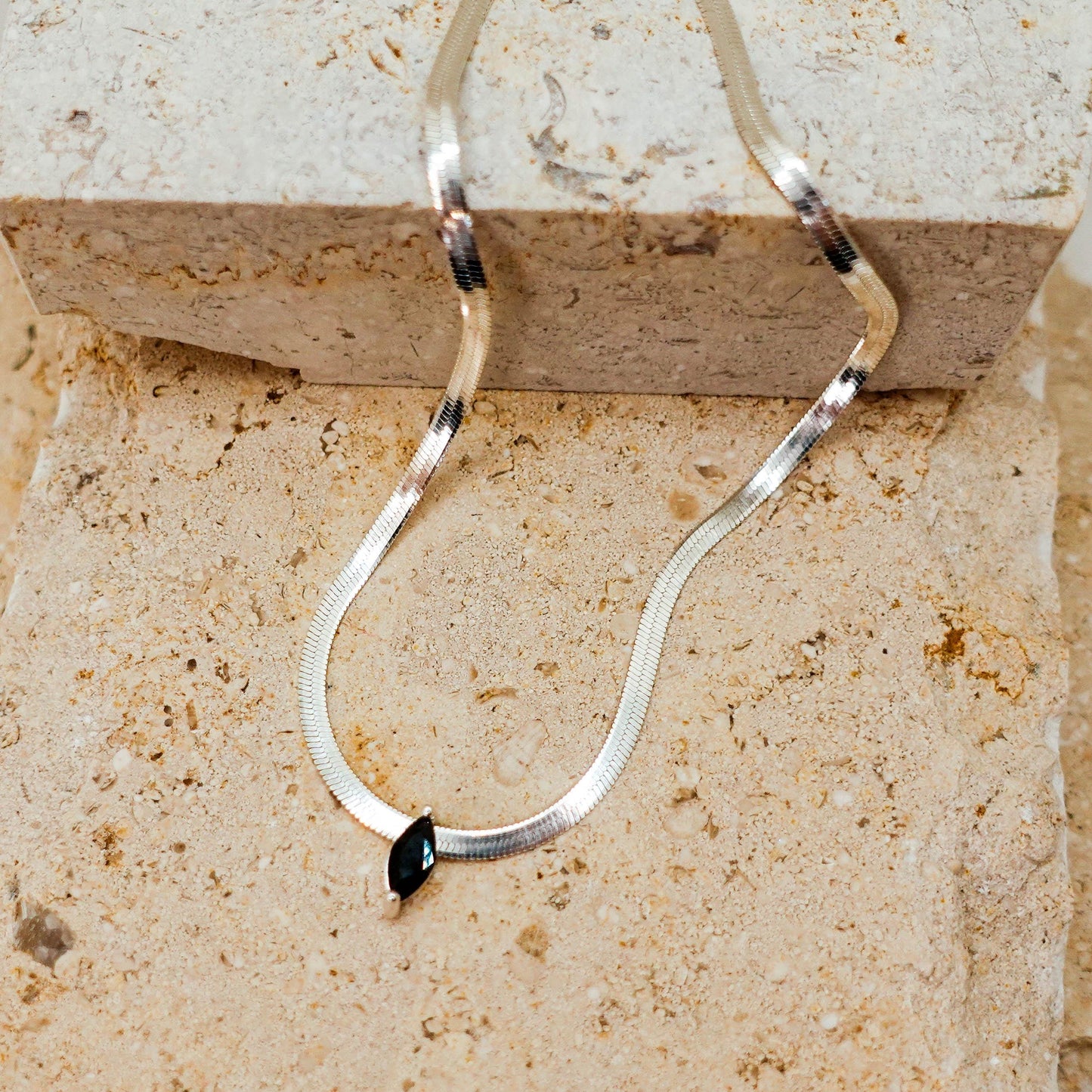 Sterling Silver Omega Chain Necklace: Marquise Black Spinel Pendant