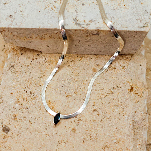 Sterling Silver Omega Chain Necklace: Marquise Black Spinel Pendant