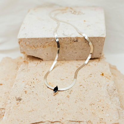 Sterling Silver Omega Chain Necklace: Marquise Black Spinel Pendant Jewelry Gift for Her