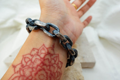 Oxidized Sterling Silver Celtic Chain Bracelet, Hand Hammered Viking Jewelry Gift for Him