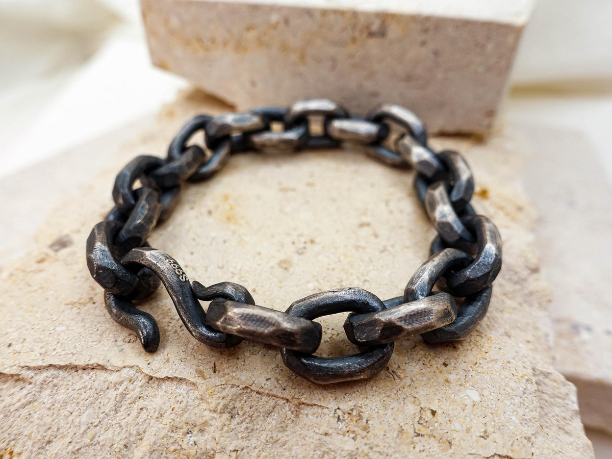 Oxidized Sterling Silver Celtic Chain Bracelet, Hand Hammered Viking Jewelry Gift for Him