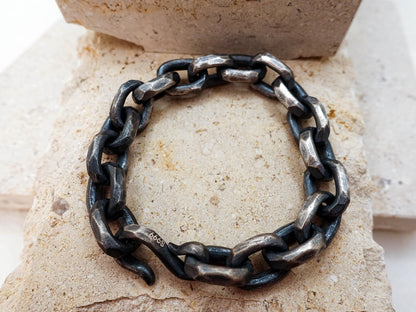 Oxidized Sterling Silver Celtic Chain Bracelet, Hand Hammered Viking Jewelry Gift for Him