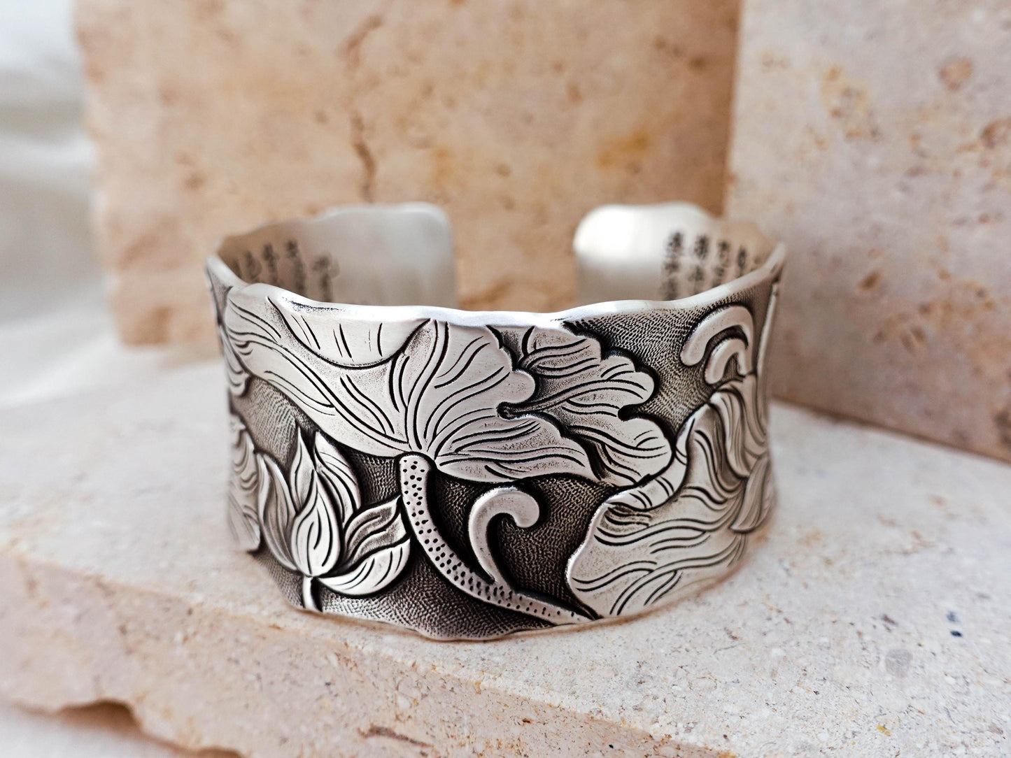Sterling Silver Cuff Bracelet, Lotus Meditation Fine Jewelry Women Men, Mindfulness Wide Bangle, Protect Spiritual Gift for Her Him Mom Wife