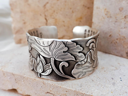 Sterling Silver Cuff Bracelet, Lotus Meditation Fine Jewelry Women Men, Mindfulness Wide Bangle, Protect Spiritual Gift for Her Him Mom Wife