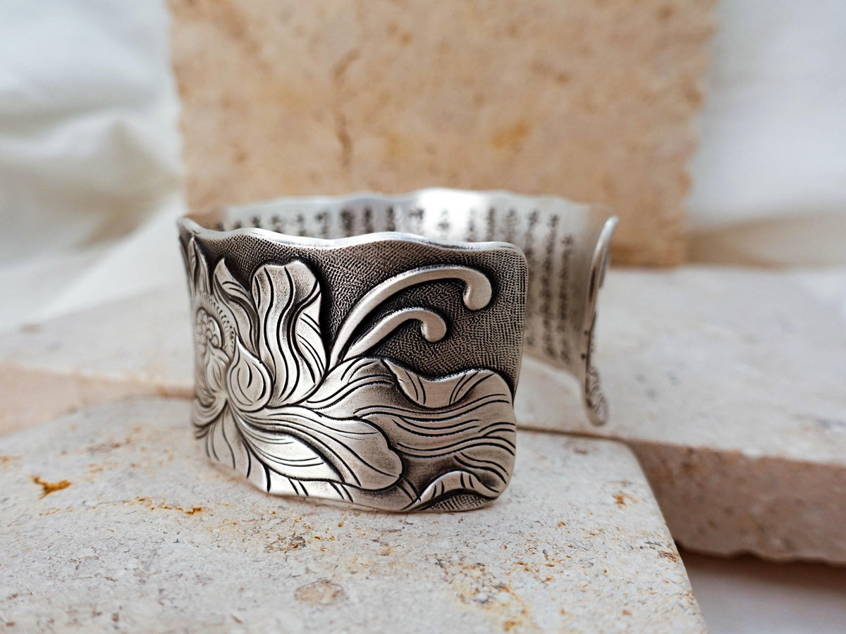 Sterling Silver Wide Cuff Bracelet, Vintage Engraving Lotus Bangle, Gift for Her Mom Wife