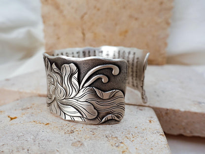 Sterling Silver Wide Cuff Bracelet, Vintage Engraving Lotus Bangle, Gift for Her Mom Wife