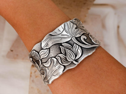Sterling Silver Wide Cuff Bracelet, Vintage Engraving Lotus Bangle, Gift for Her Mom Wife
