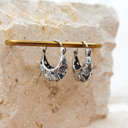 925 Sterling Silver Filigree Hoop Earrings: Engraved Floral Design