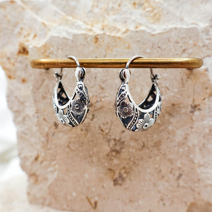 925 Sterling Silver Filigree Hoop Earrings: Engraved Floral Design