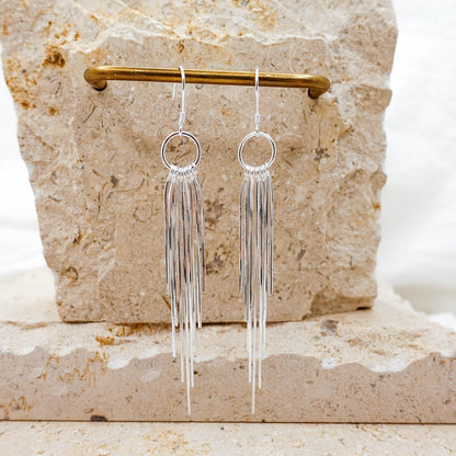 Shiny Sterling Silver Tassel Earrings, Elegant Long Statement Gift for her