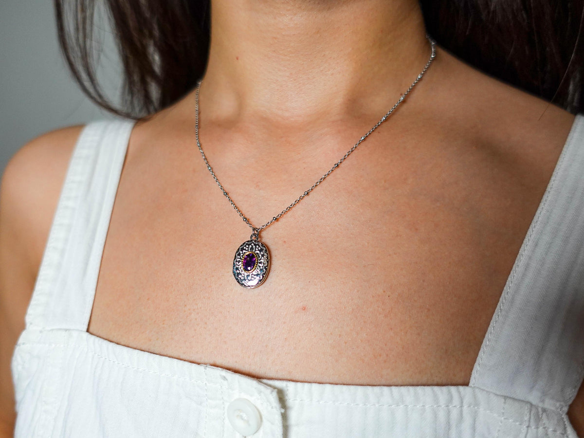 Sterling Silver Amethyst Locket Necklace. Vintage Photo Locket. Jewelry Gift for Mom Her Sis