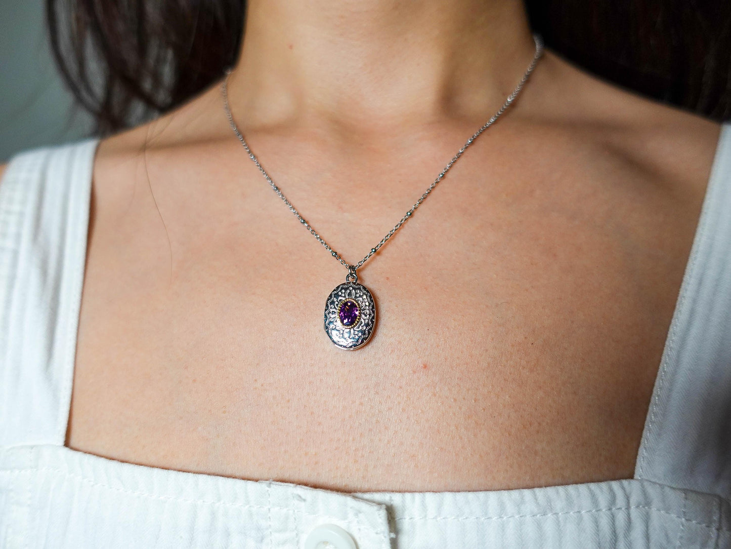 Sterling Silver Amethyst Locket Necklace: Engraved Vintage Photo Pendant