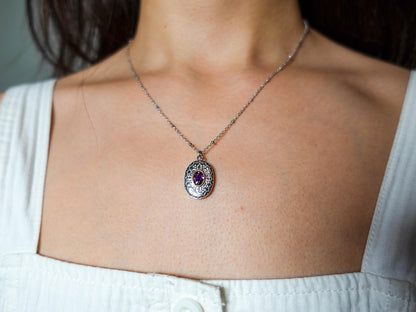 Sterling Silver Amethyst Locket Necklace: Engraved Vintage Photo Pendant