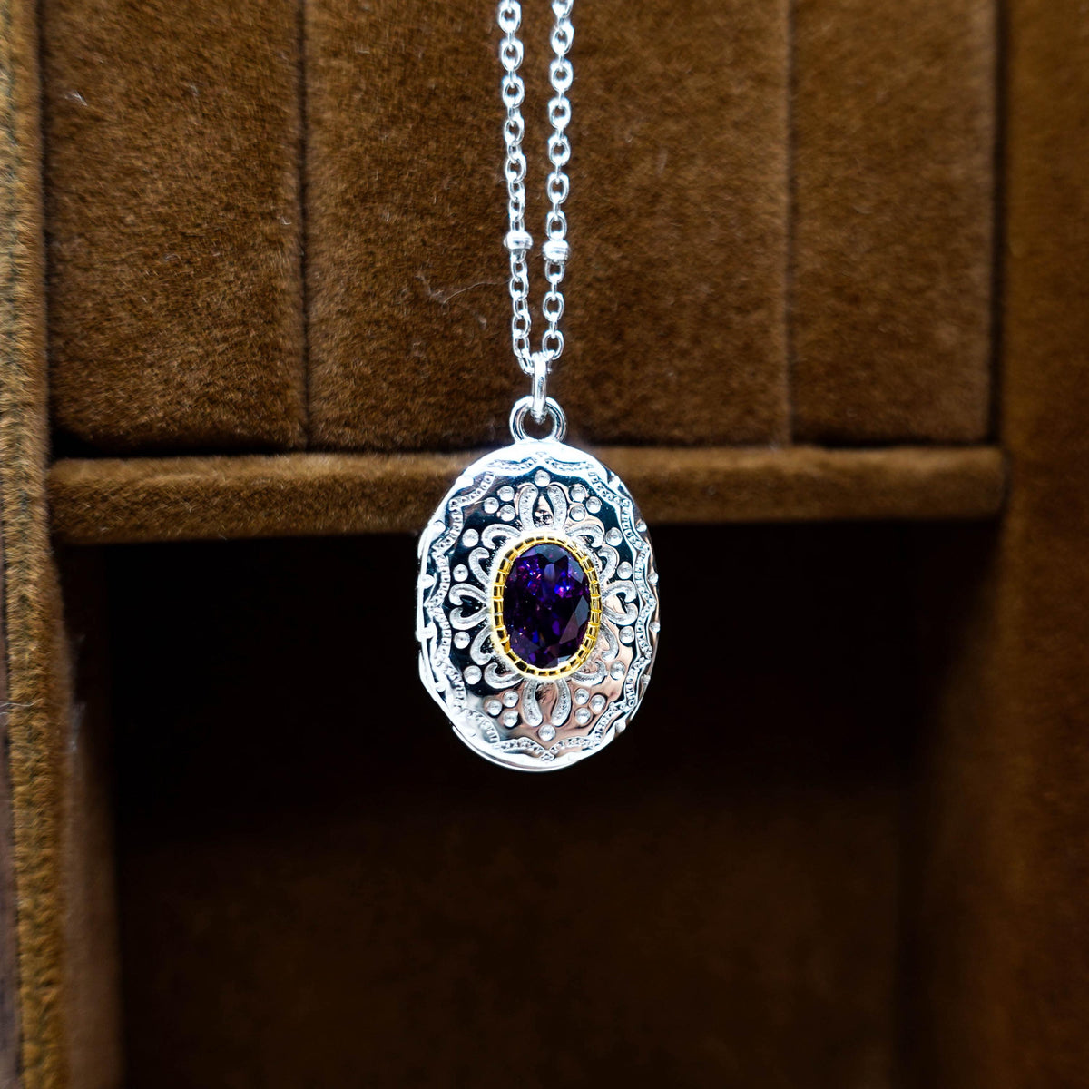 Sterling Silver Amethyst Locket Necklace. Vintage Photo Locket. Jewelry Gift for Mom Her Sis