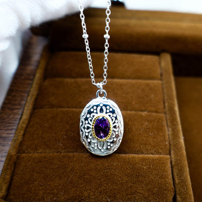 Sterling Silver Amethyst Locket Necklace: Engraved Vintage Photo Pendant