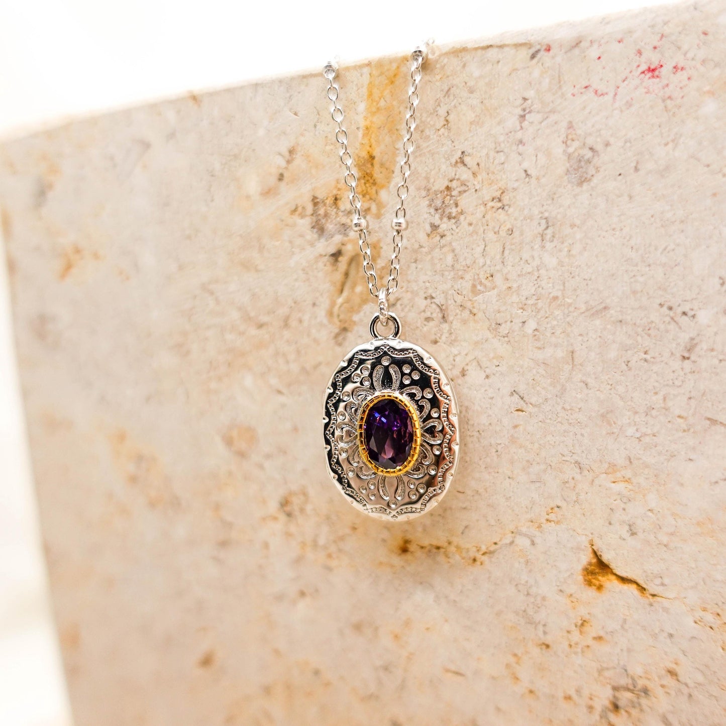 Sterling Silver Amethyst Locket Necklace: Engraved Vintage Photo Pendant