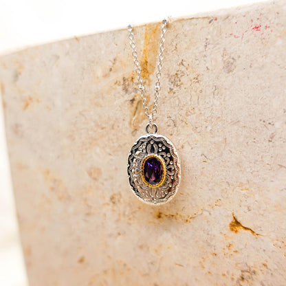 Sterling Silver Amethyst Locket Necklace: Engraved Vintage Photo Pendant