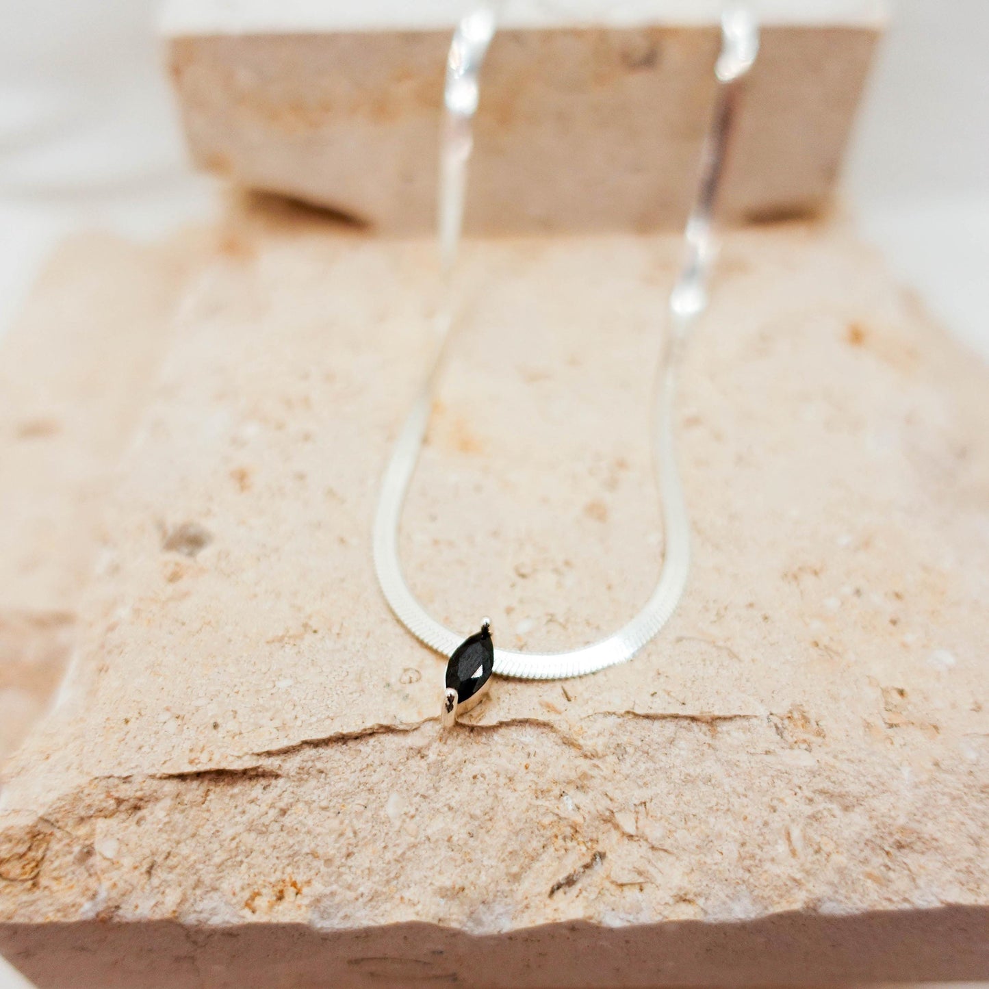 Sterling Silver Omega Chain Necklace: Marquise Black Spinel Pendant