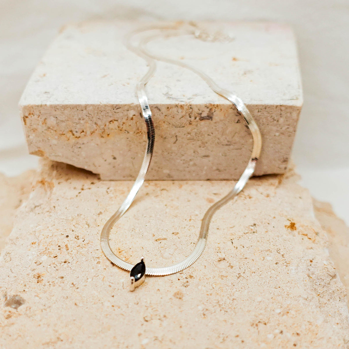 Sterling Silver Omega Chain Necklace: Marquise Black Spinel Pendant Jewelry Gift for Her