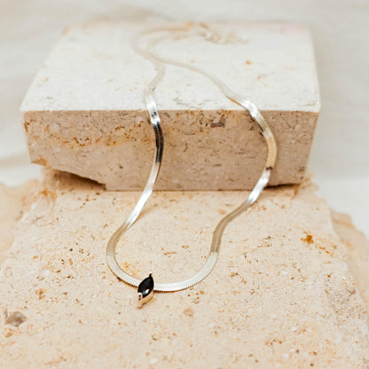 Sterling Silver Omega Chain Necklace: Marquise Black Spinel Pendant Jewelry Gift for Her