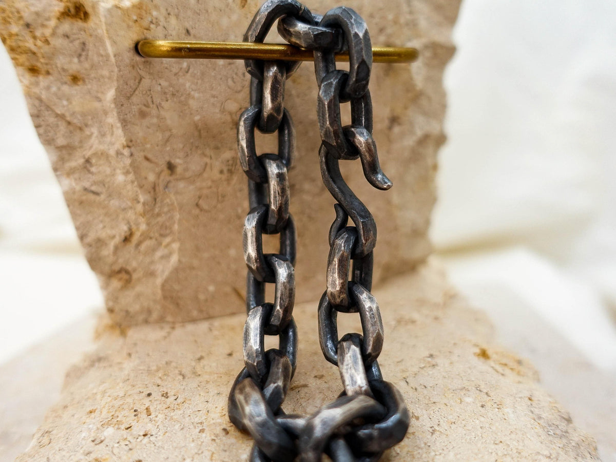 Oxidized Sterling Silver Celtic Chain Bracelet, Hand Hammered Viking Jewelry Gift for Him