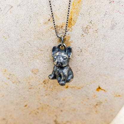Oxidized Sterling Silver French Bulldog Pendant Necklace: Artisan Crafted