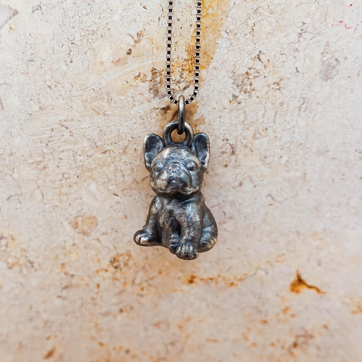 Oxidized Sterling Silver French Bulldog Pendant Necklace: Artisan Crafted