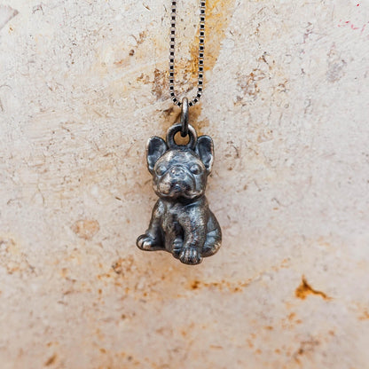 Oxidized Sterling Silver French Bulldog Pendant Necklace: Artisan Crafted