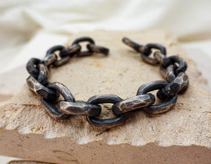 Oxidized Sterling Silver Celtic Chain Bracelet: Hand Hammered Viking Jewelry