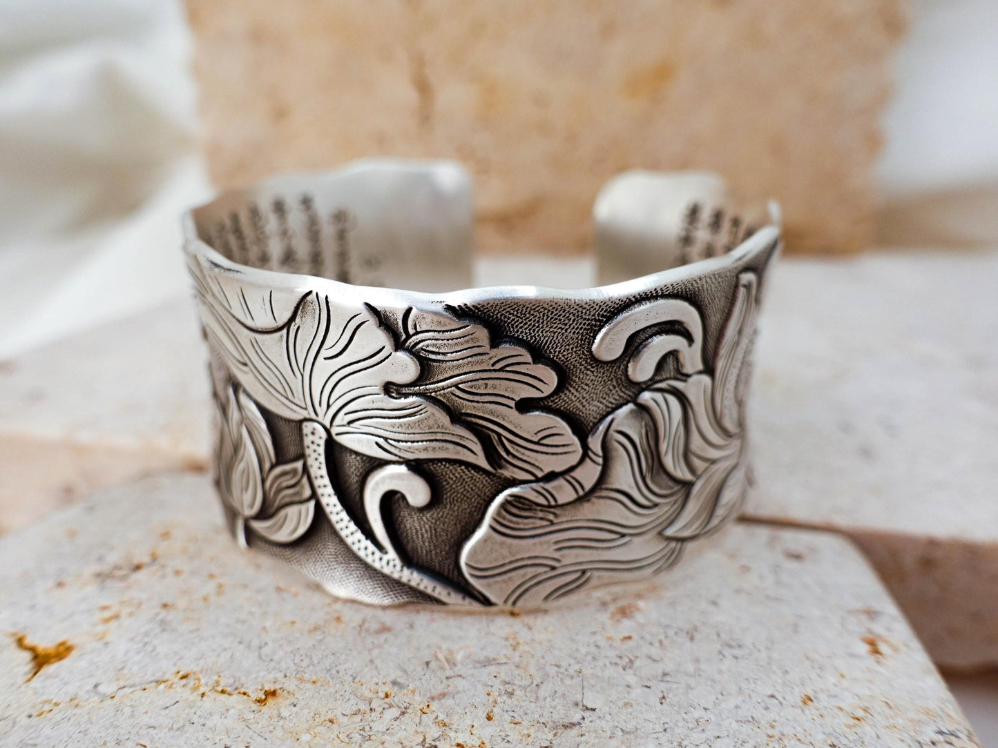 Sterling Silver Cuff Bracelet, Lotus Meditation Fine Jewelry Women Men, Mindfulness Wide Bangle, Protect Spiritual Gift for Her Him Mom Wife